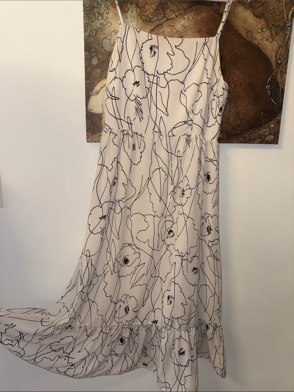 Floral Spaghetti-Strap Maxi Dress in Cream and Black